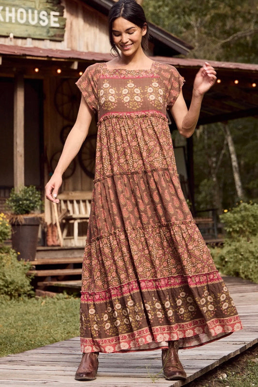 Natural Life Berkley Maxi Dress- Chocolate Wildflower Tiles