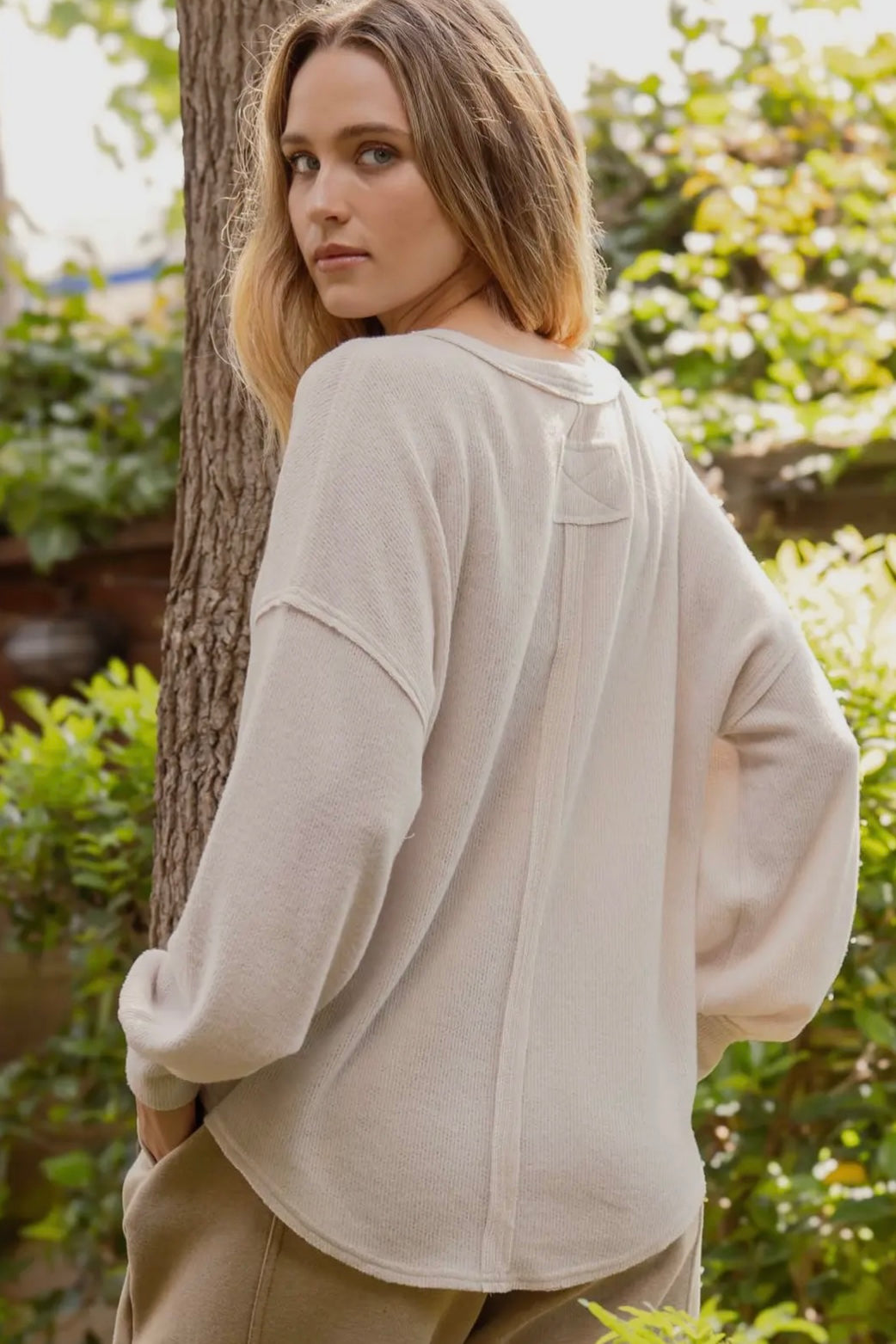 Oatmeal V Neck Long Sleeve Half Button Top with Exposed Seam Detail