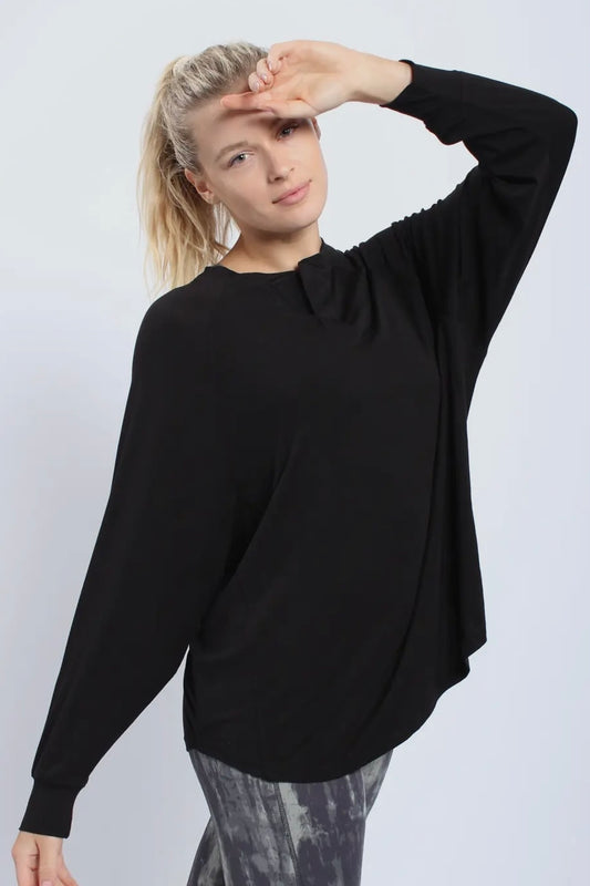 Black Tencel Butter Soft Long Sleeve Notched Flow Top