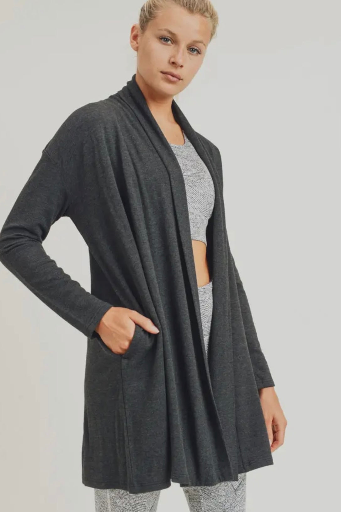 Heathered Black Open Front Cardigan with Back Yoke and Pockets