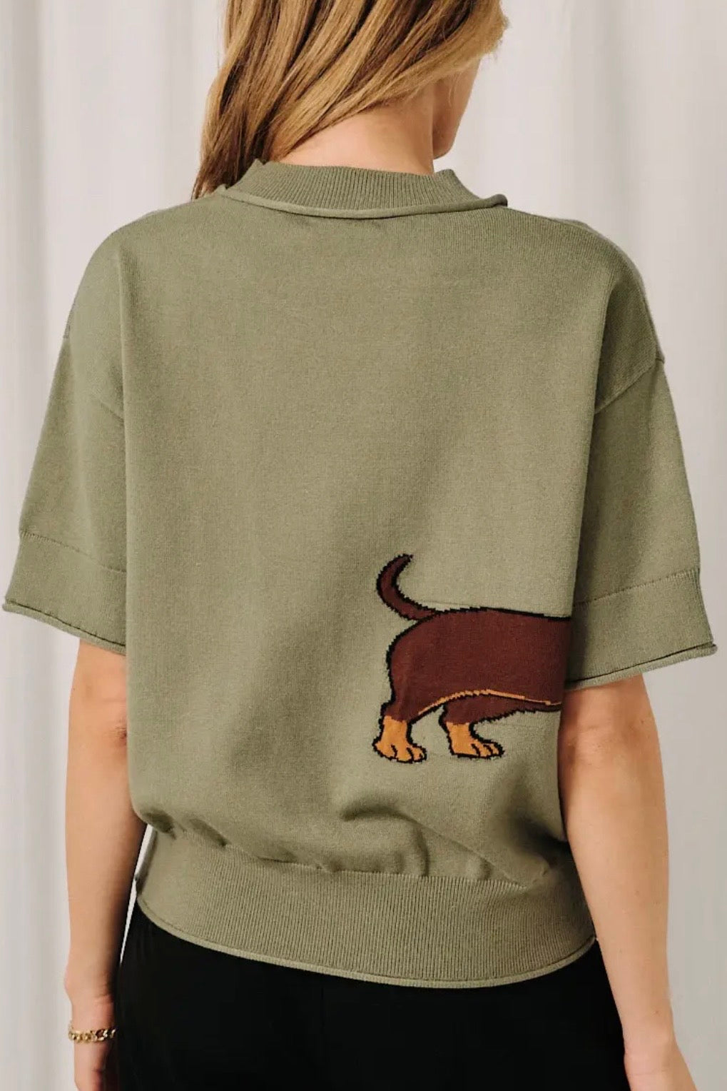 Olive Green Glam Dachshund Short Sleeve Sweater