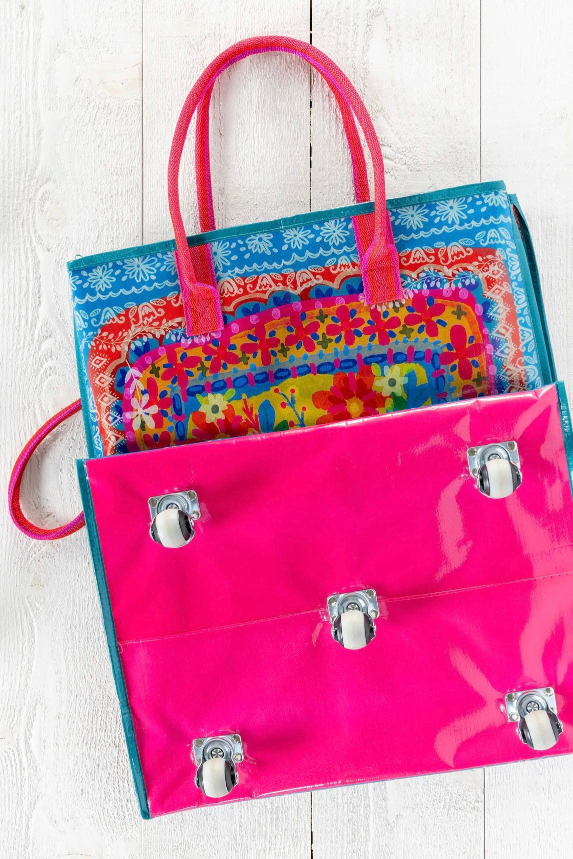 Natural Life XL Rolling Tote Bag - Teal Flower Bouquet