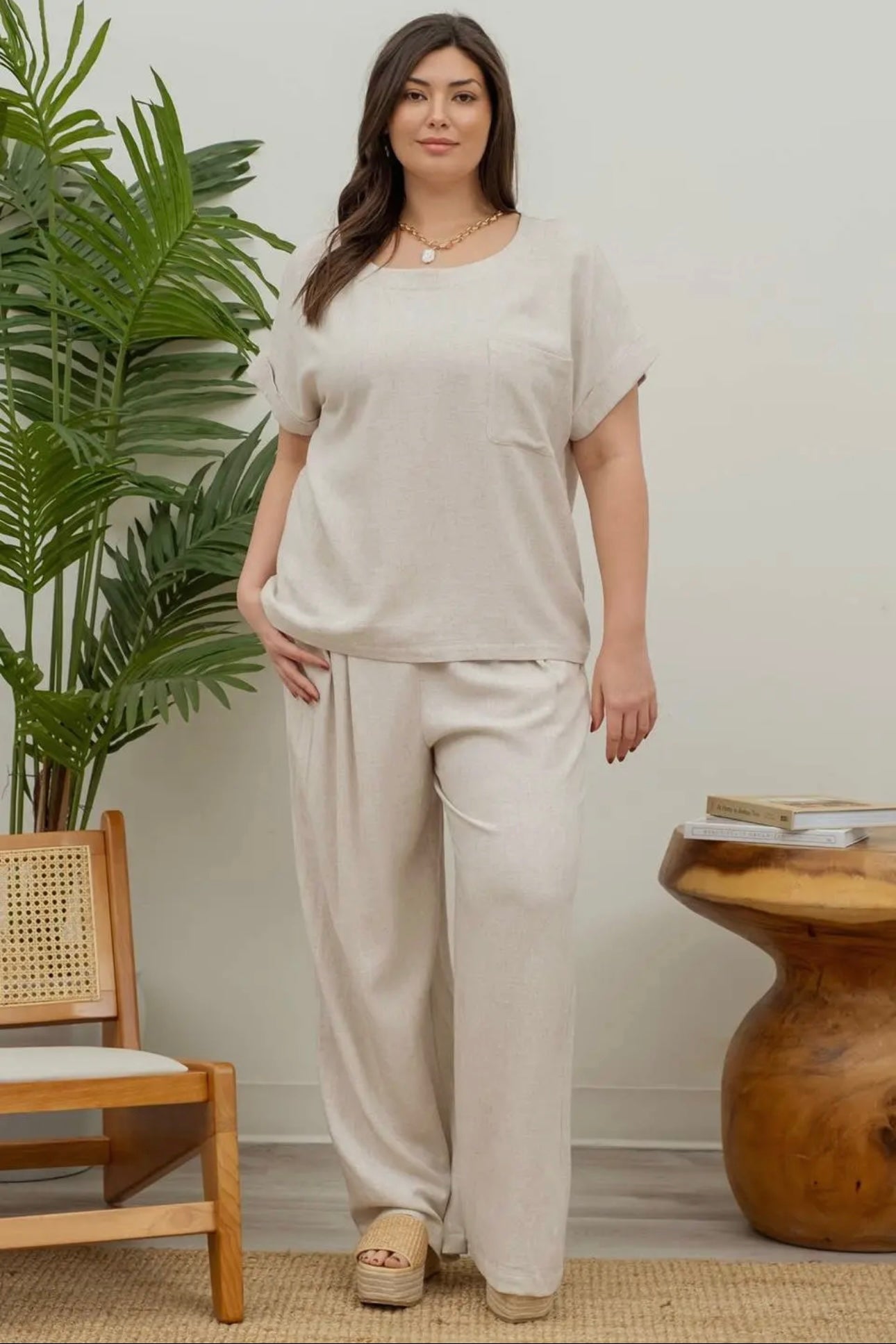 Plus Size Oatmeal Short Sleeve Linen Top