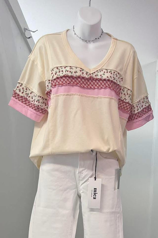 Mixed Fabrics Stripe Top with Heart Patch