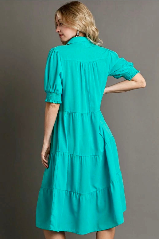 Umgee Aqua Mint Short Sleeve Tiered Midi Dress A0749