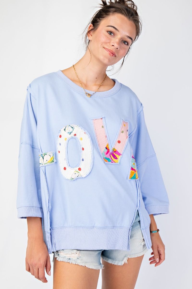 Easel Periwinkle Blue Love Patches Applique Top