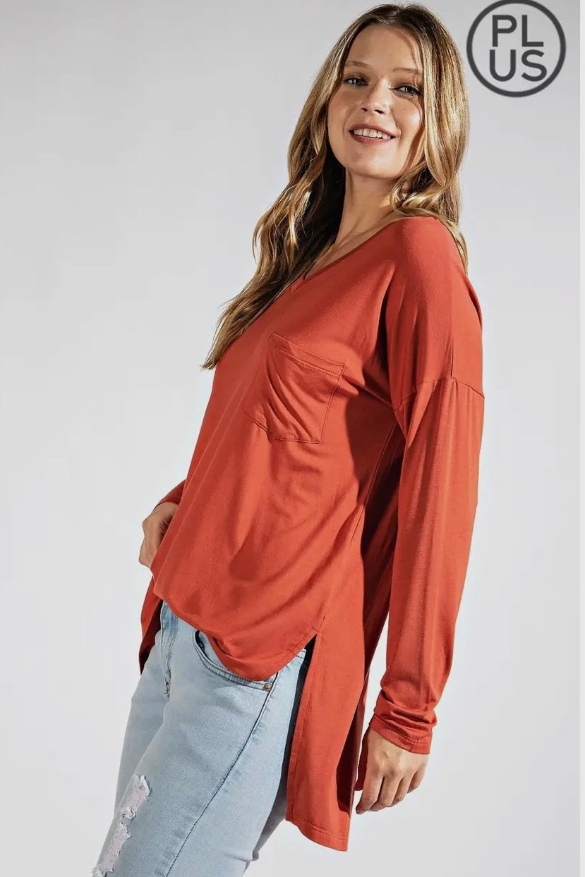 Cinnabar Plus Long Sleeve V Neck Top with Hi Low Hem