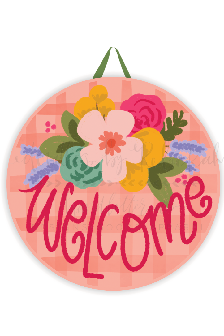 Welcome Pink Plaid Doorhanger