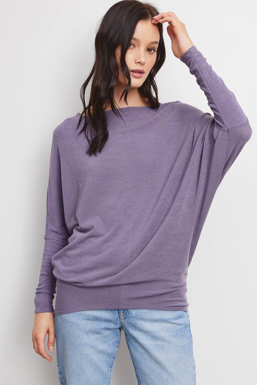 Charlotte Avery Dark Lavender Long Sleeve Crepe Hacci Oversized Dolman Top