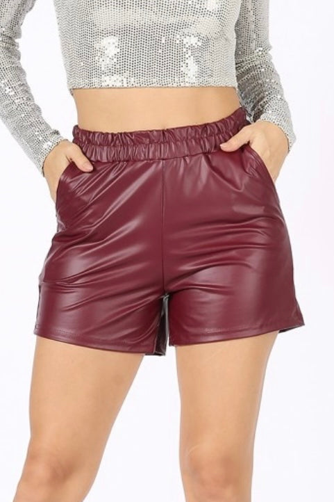 $10 SALE! Vegan Leather Shorts with Pockets in Crimson REG. $27.00