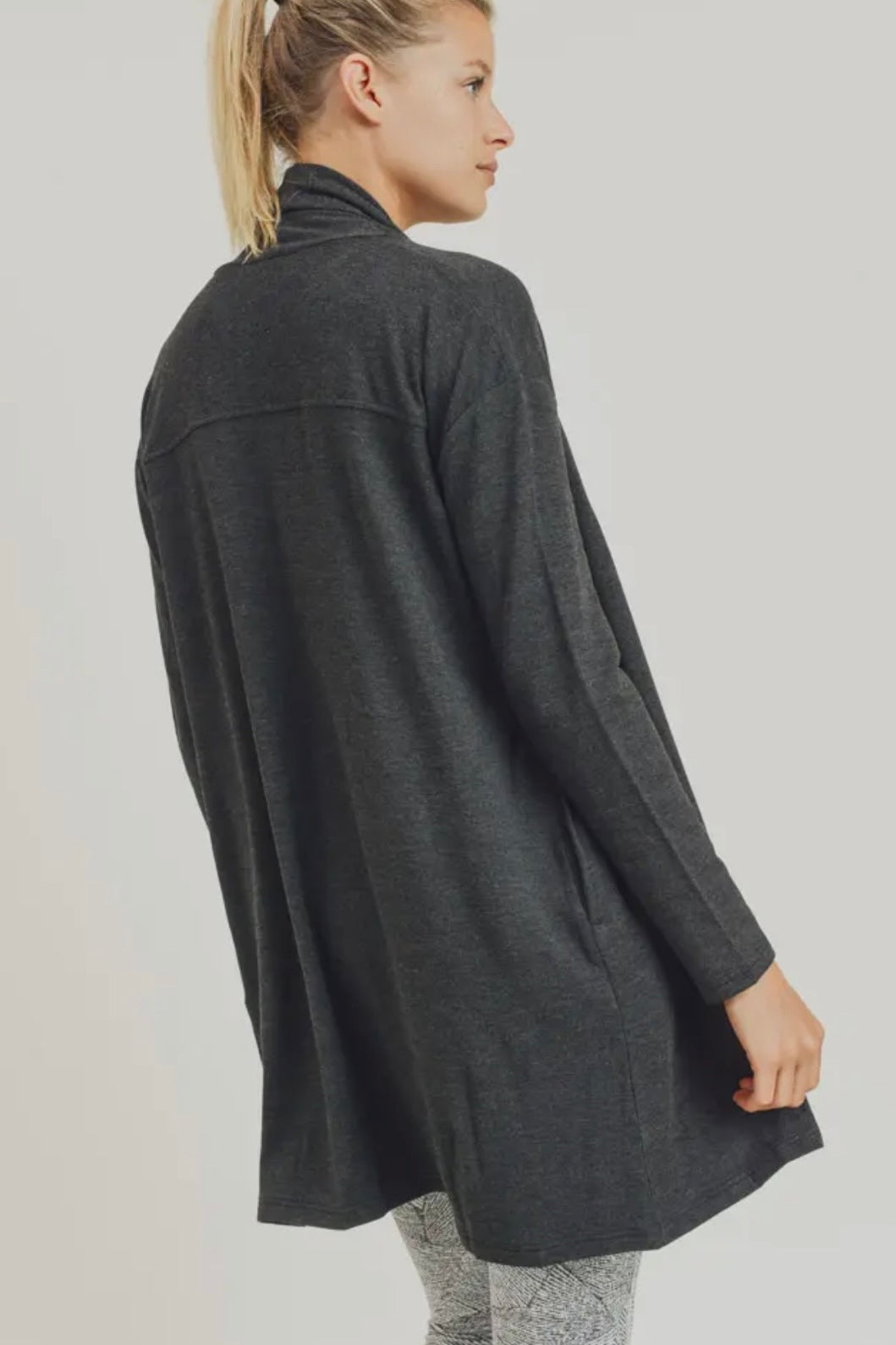 Heathered Black Open Front Cardigan with Back Yoke and Pockets