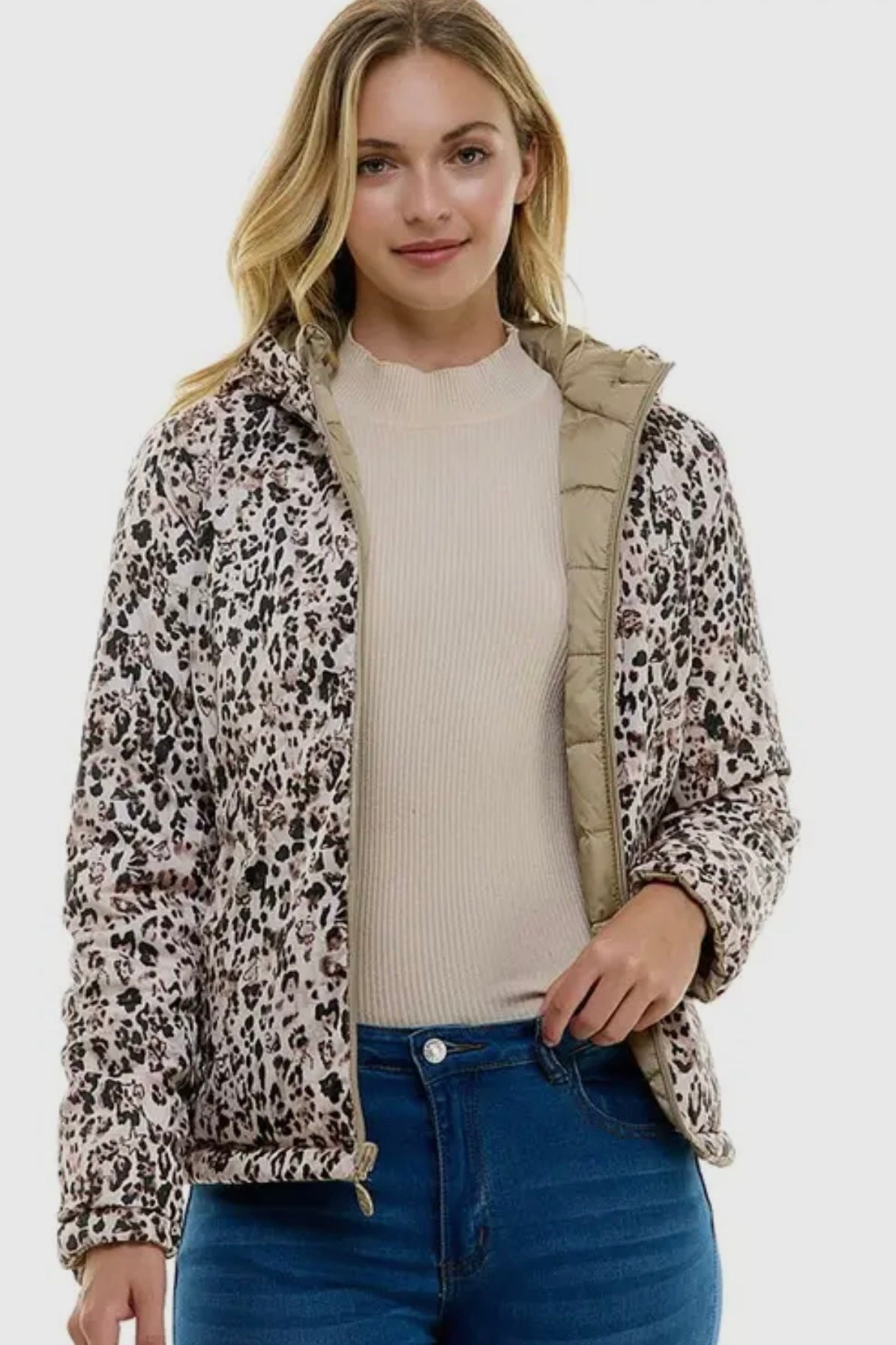 Reversible Puffer Jacket- Stone with Animal Print