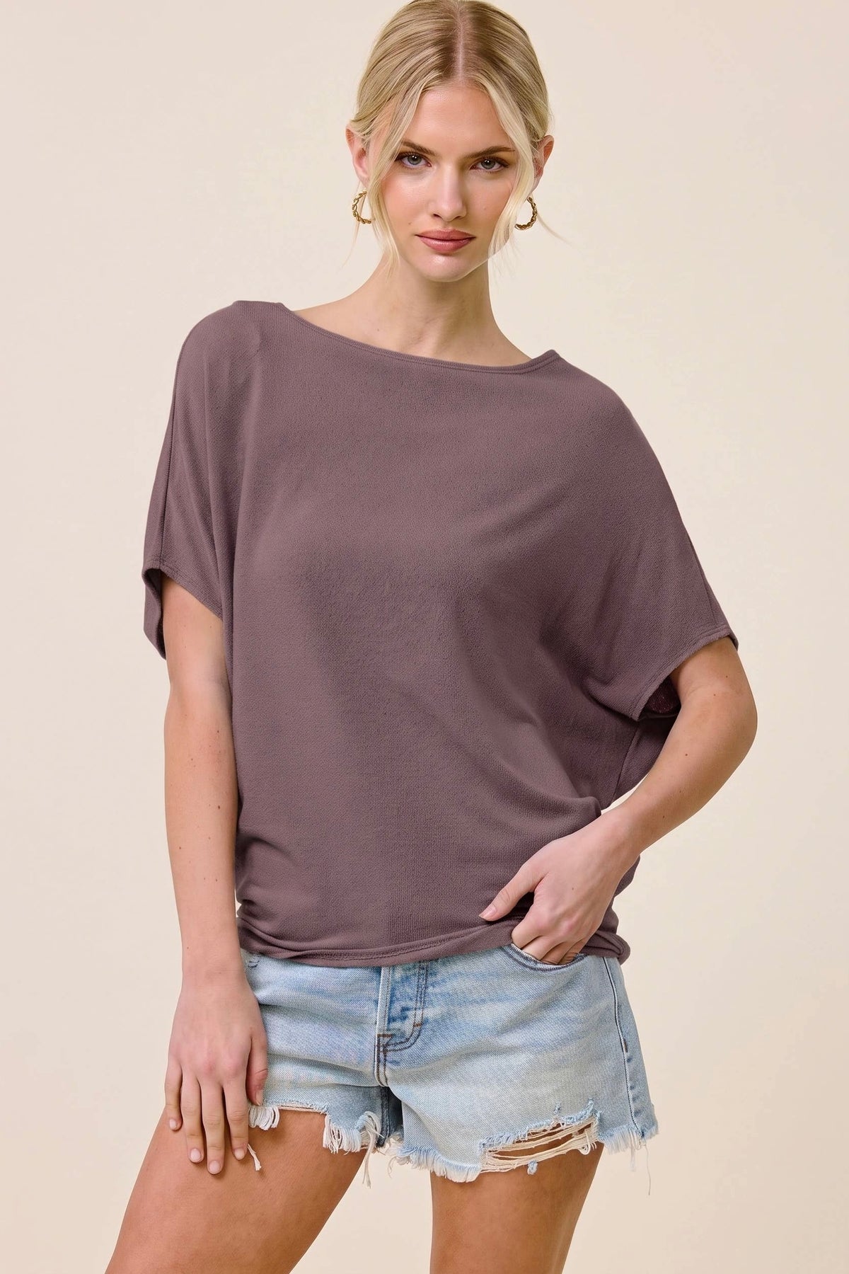 Charlotte Avery Dark Cocoa Short Sleeve Crepe Hacci Oversized Dolman Top