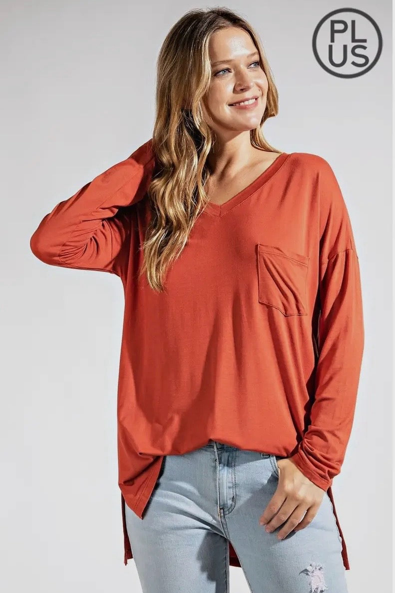 Cinnabar Plus Long Sleeve V Neck Top with Hi Low Hem