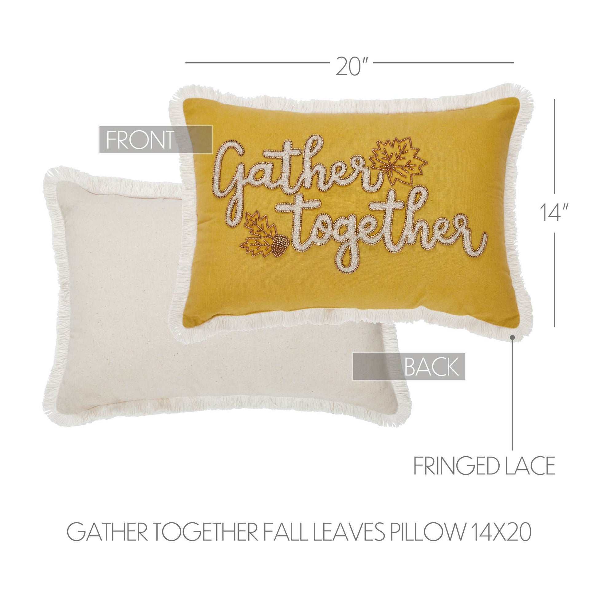 Decorative pillow with 'Gather Together' text and fall leaves design, showing front and back views with measurements.
