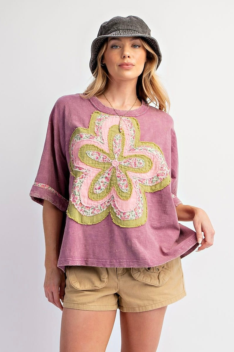 Easel Dusty Magenta Flower Patch Short Sleeve Applique Top