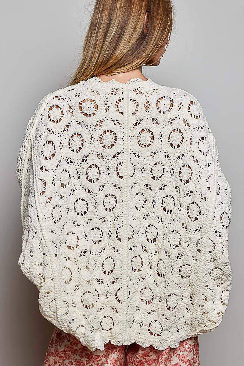 POL Cream Long Sleeve V Neck Floral Pattern Crochet Chenille Cardigan: One Size