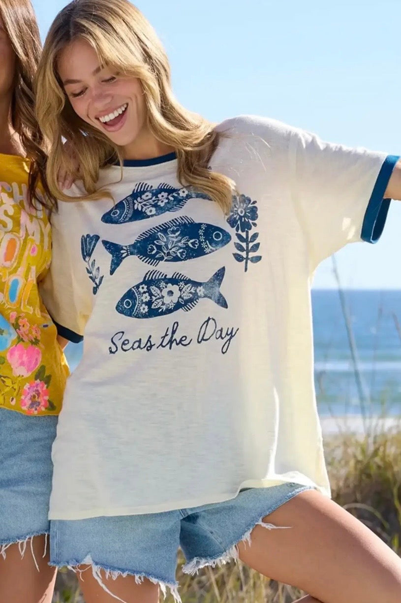 Natural Life Ringer Oversized Tee Shirt- Seas the Day Fish