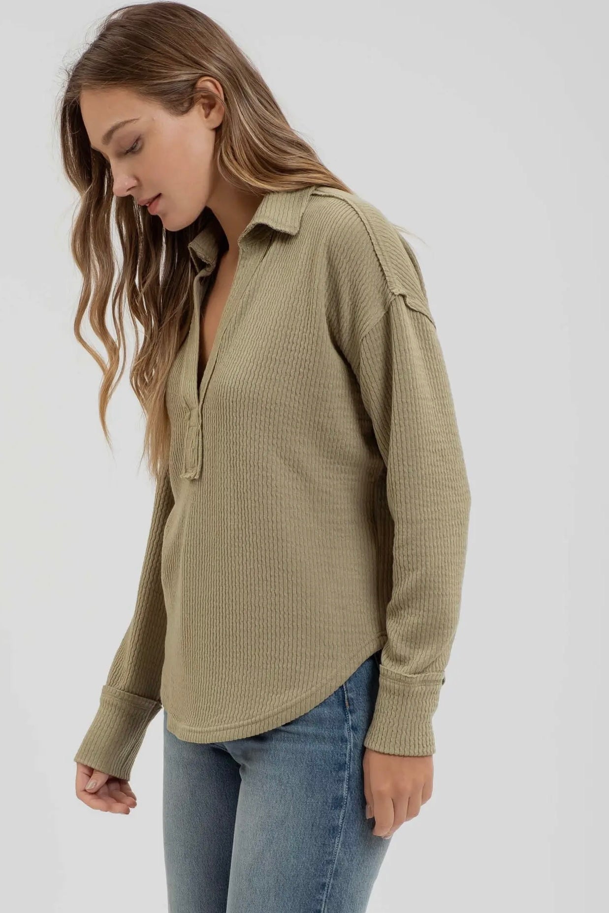 Collared V Neck Long Sleeve Top with Exposed Seam Detail