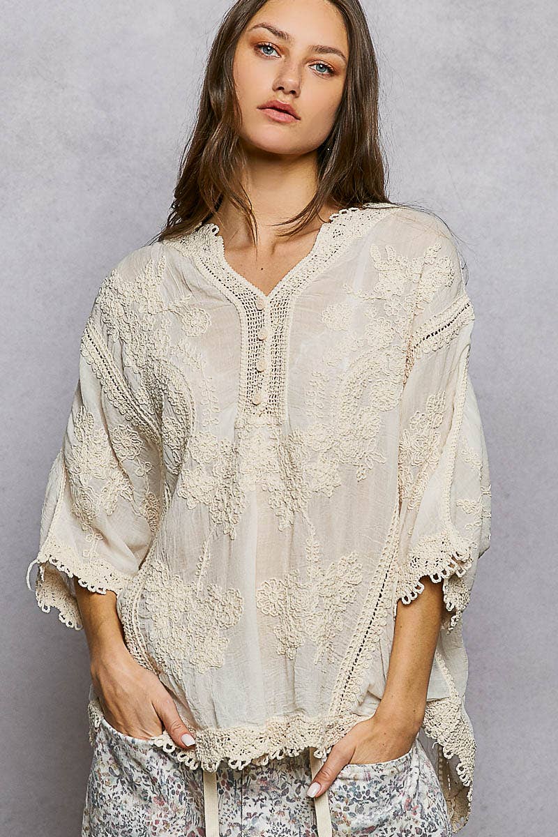 POL V-neck Short Sleeve Floral Embroidered Crochet Blouse- One Size