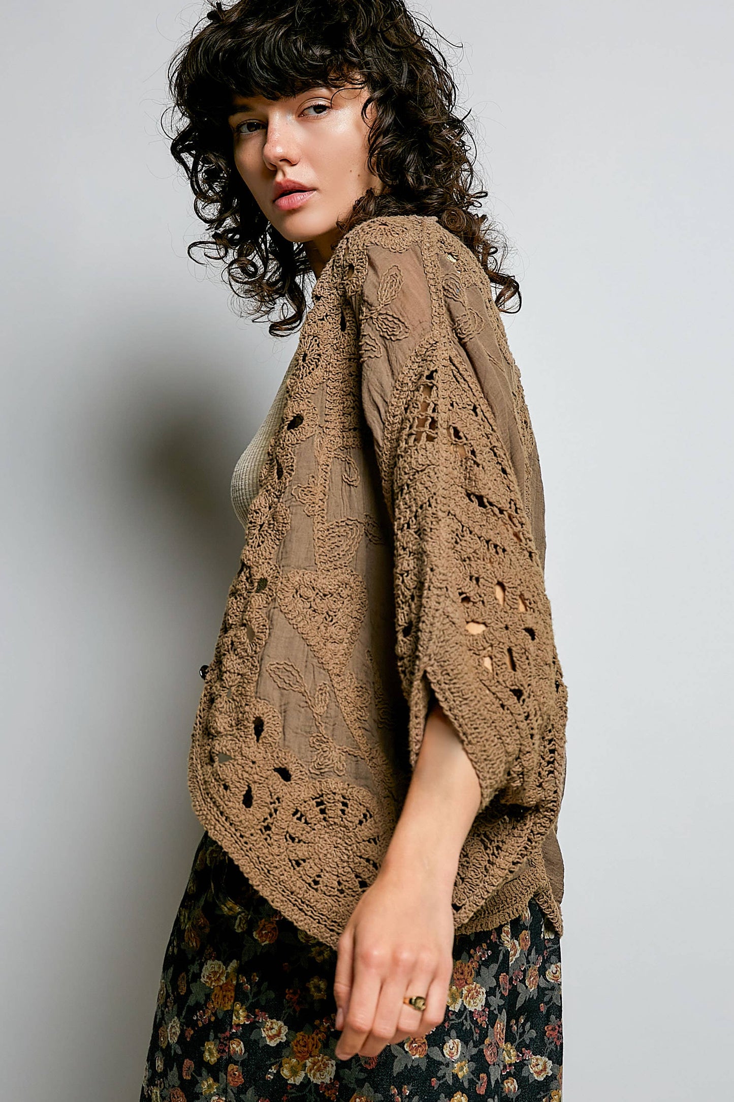 Cocoa POL Batwing Sleeve Button Down Solid Crochet Cardigan