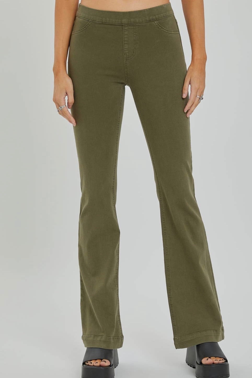 Cello Ultra Stretchy Military Green Pull On Flare Denim Jegging