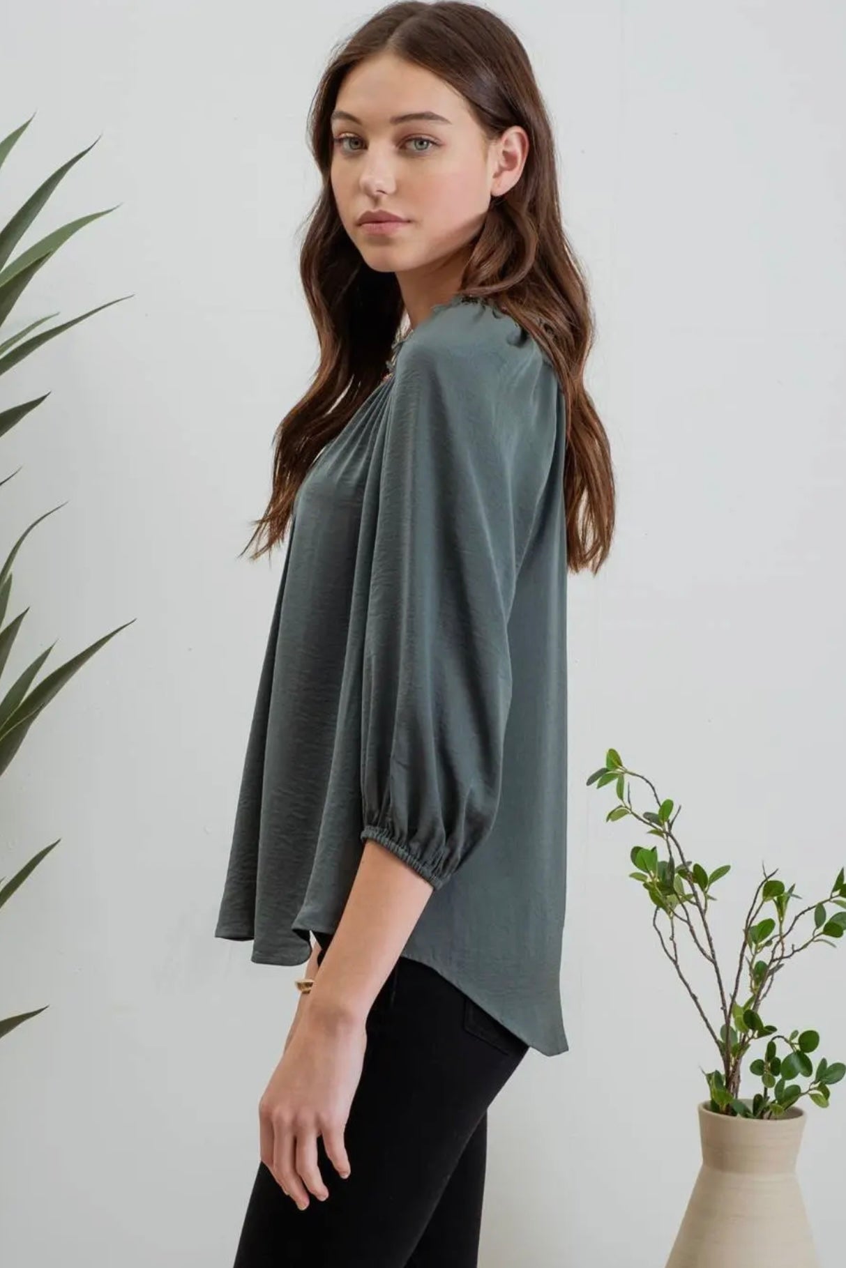 Forest Green Split Neck 3/4 Balloon Sleeve Top