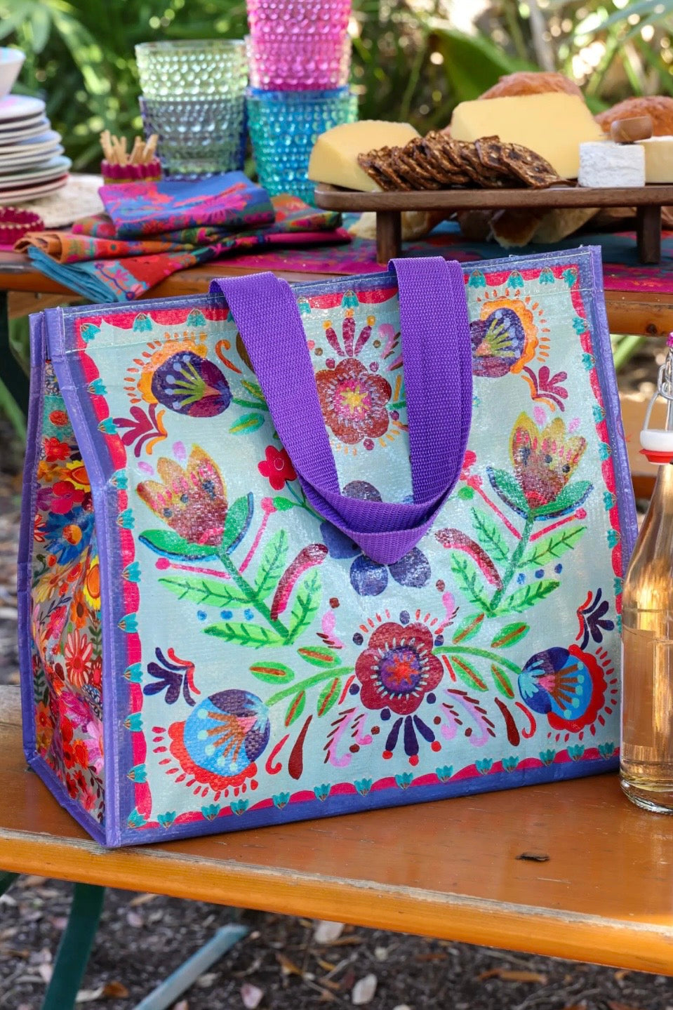 Natural Life Insulated Cooler Tote Bag- Dusty Blue Folk Flower