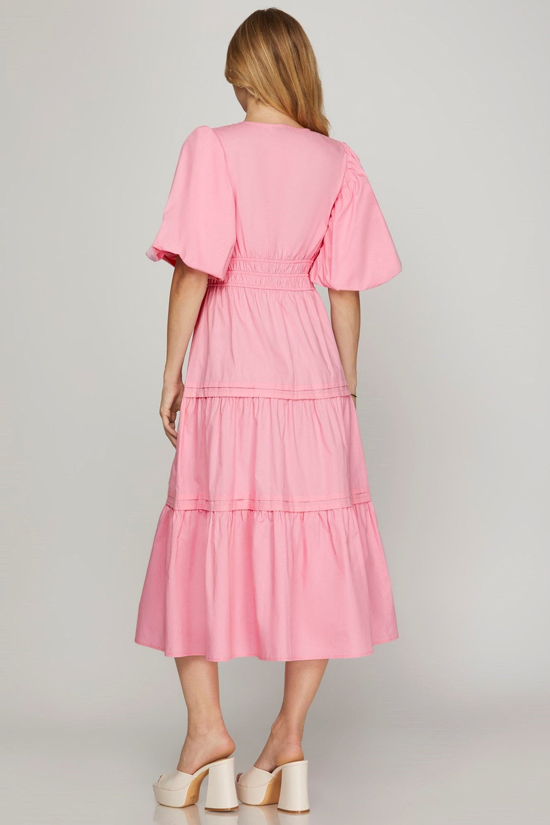 She + Sky Pink Balloon Sleeve Tiered Midi Dress