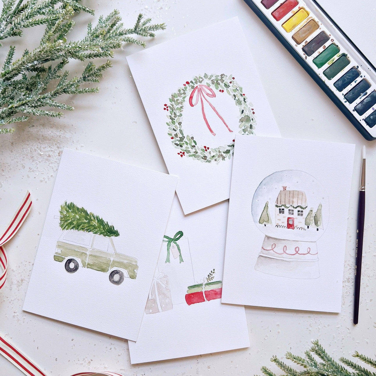 Christmas Cheer Paintable Watercolor Notecard Set of 8- Emily Lex Studio