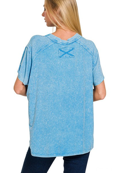 Deep Blue Sky Mineral Washed Stretchy Short Sleeved Top