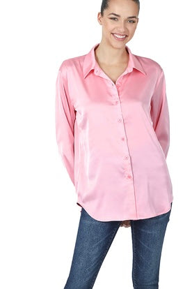 Pink Satin Button Down Blouse