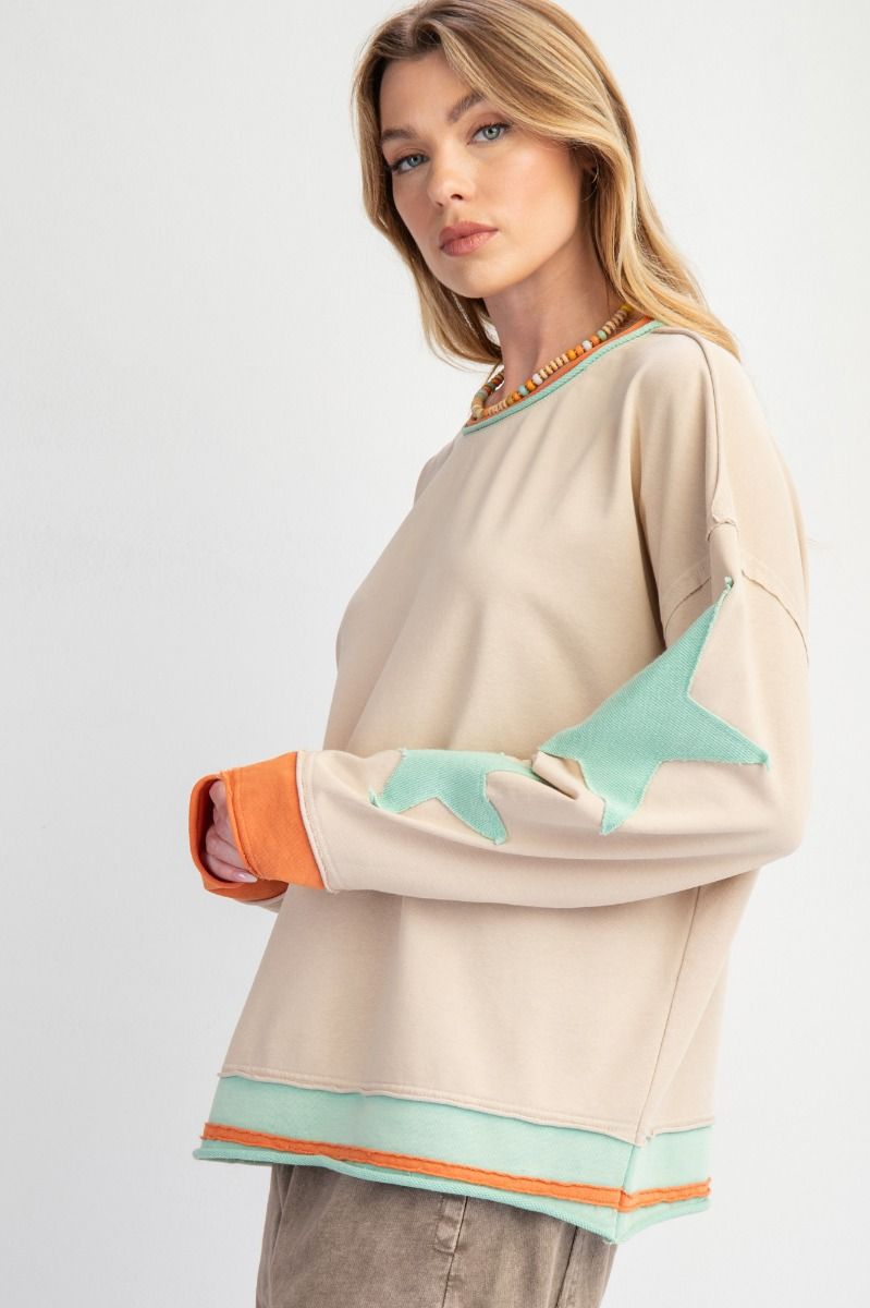 Easel Taupe Star Patch Long Sleeve Top