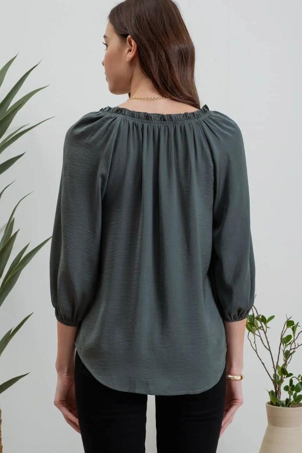 Forest Green Split Neck 3/4 Balloon Sleeve Top