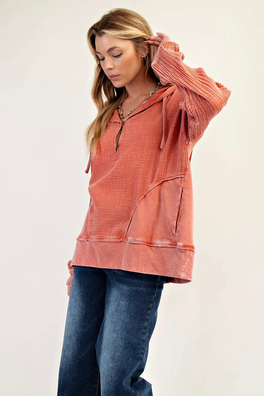 Easel Brick Mineral Washed Long Sleeve Pullover with Pockets