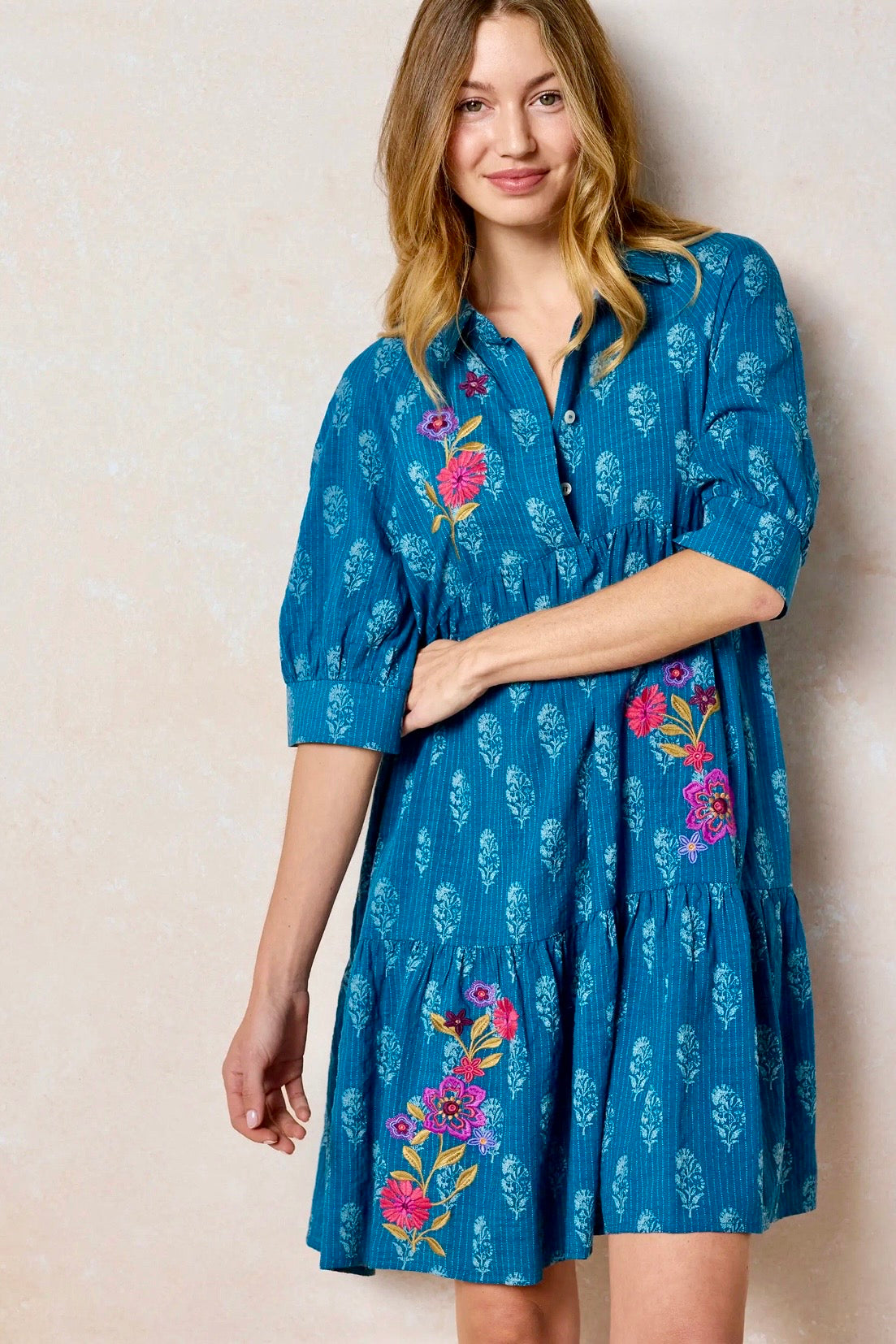 Natural Life Becca Embroidered Short Dress- Indigo