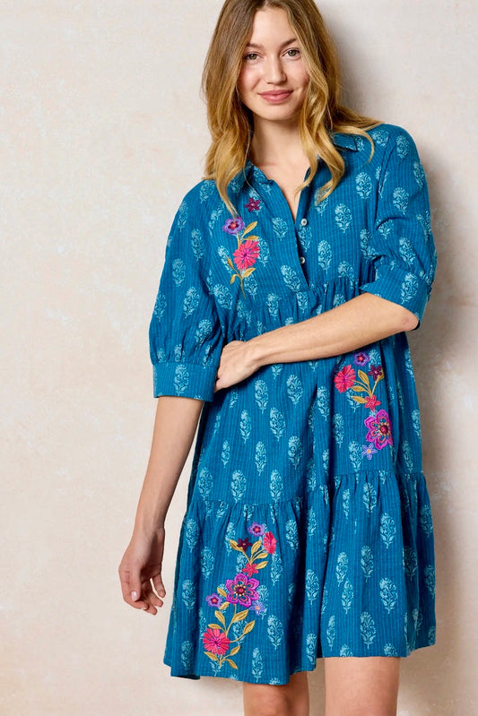 Natural Life Becca Embroidered Short Dress- Indigo