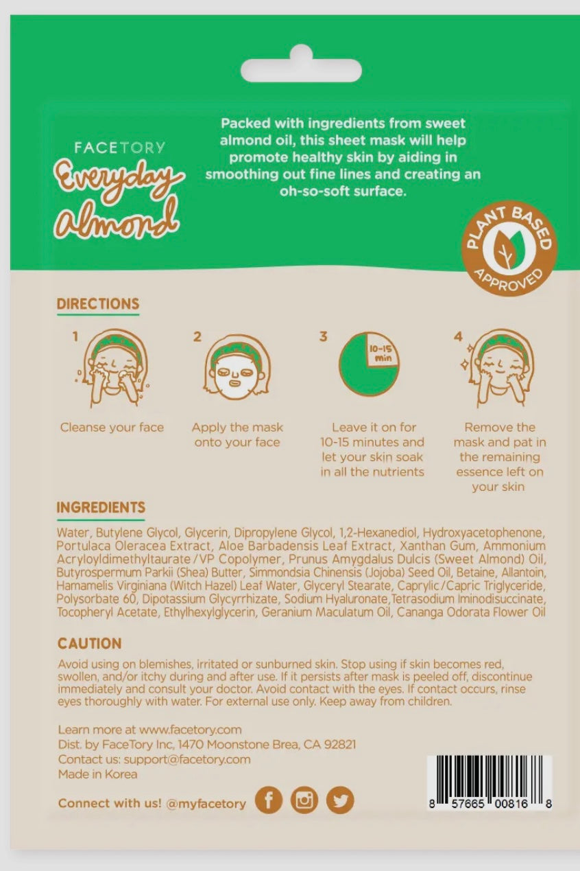 FaceTory Everyday Almond Skin Strengthening Sheet Mask- Korean Beauty
