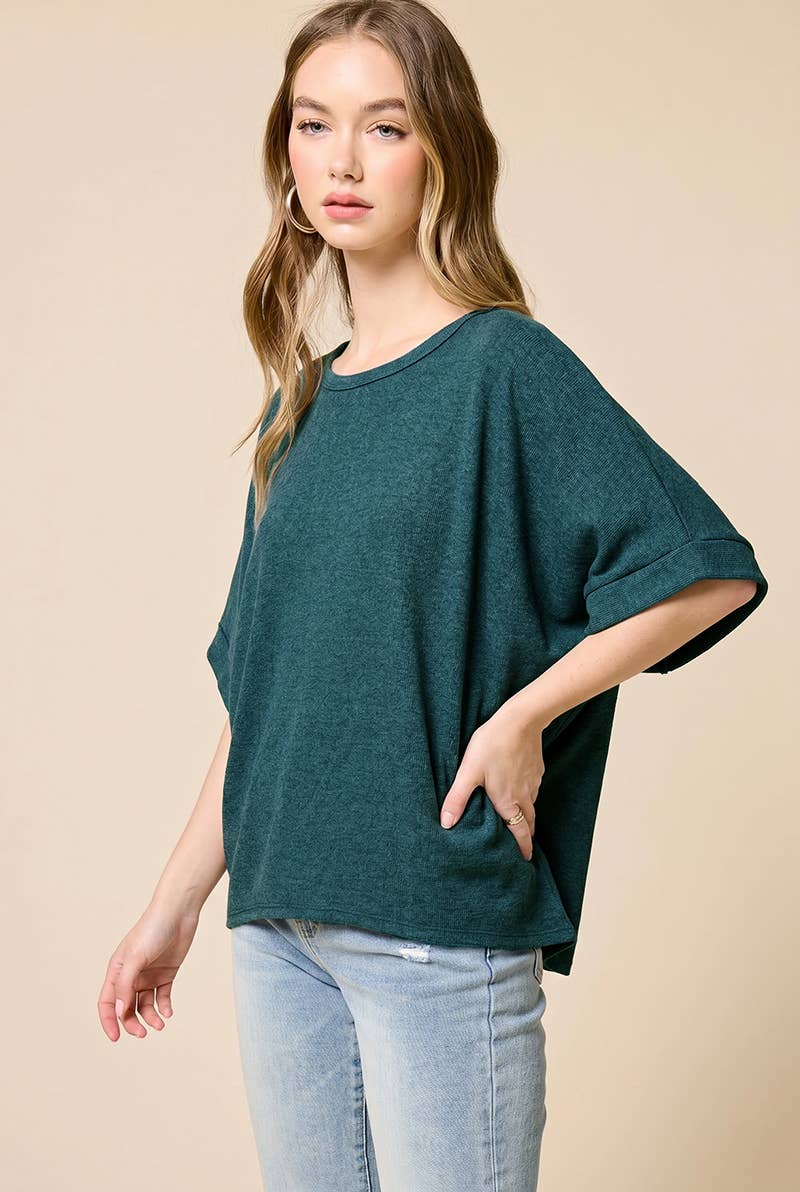 Charlotte Avery Teal Ribbed Oversized Dolman Cuff Sleeve Top