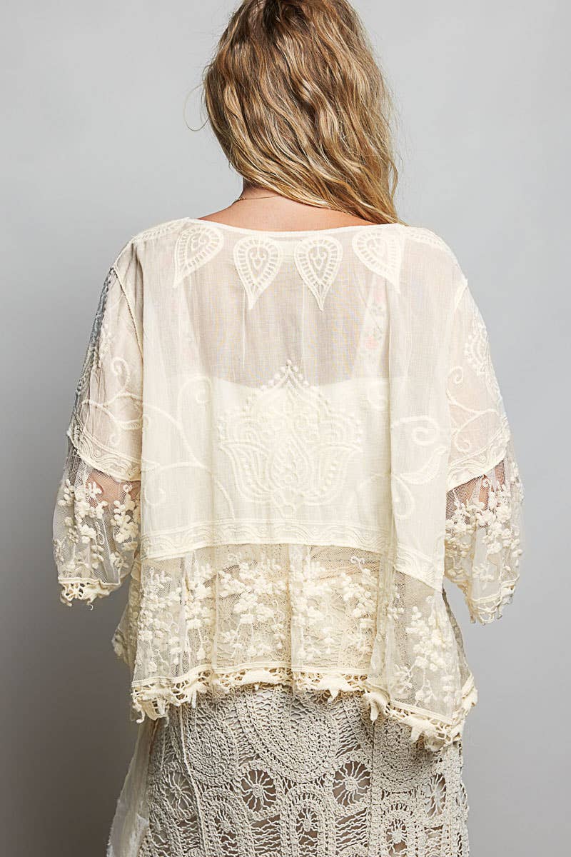POL 1/2 Sleeve Lace Ruffle Trim Crochet Cardigan in Natural