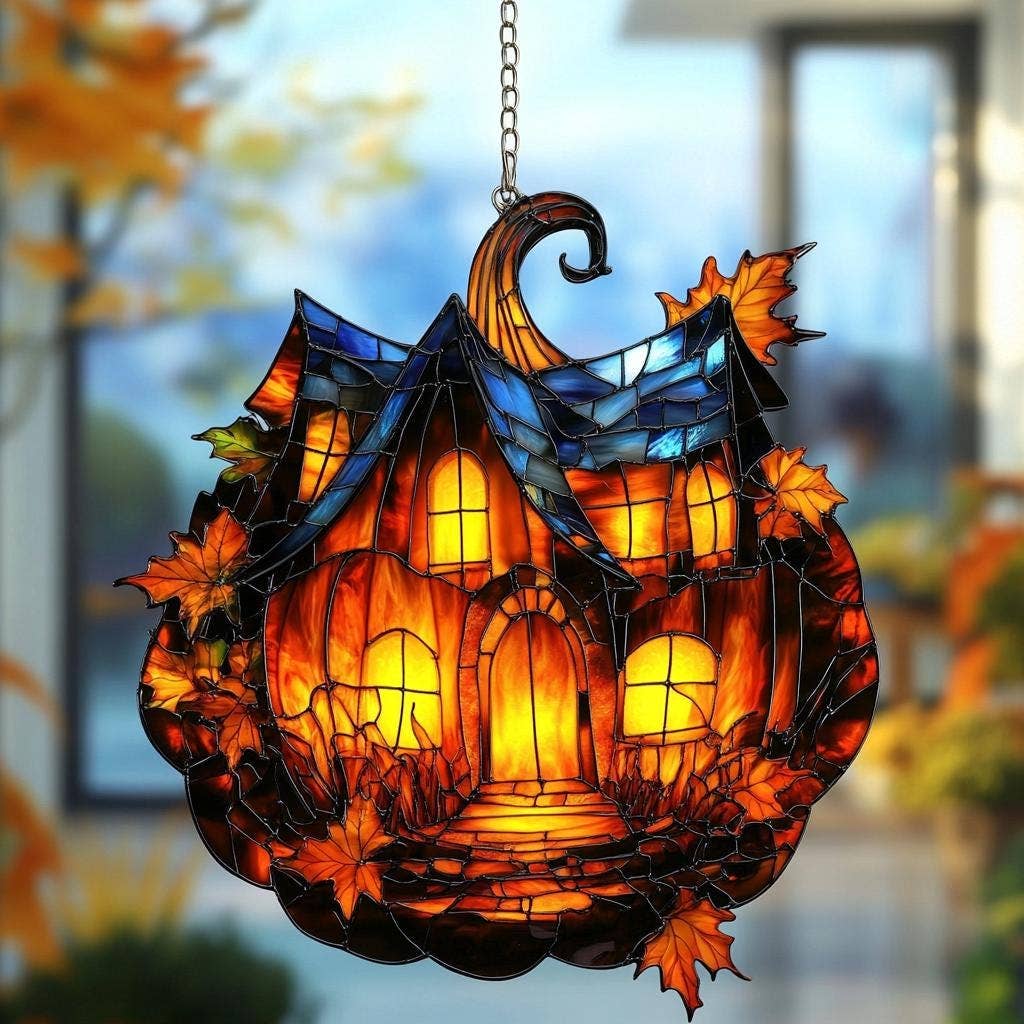 Pumpkin House Acrylic Window Hanging, Autumn Cottage Art: 12x12"
