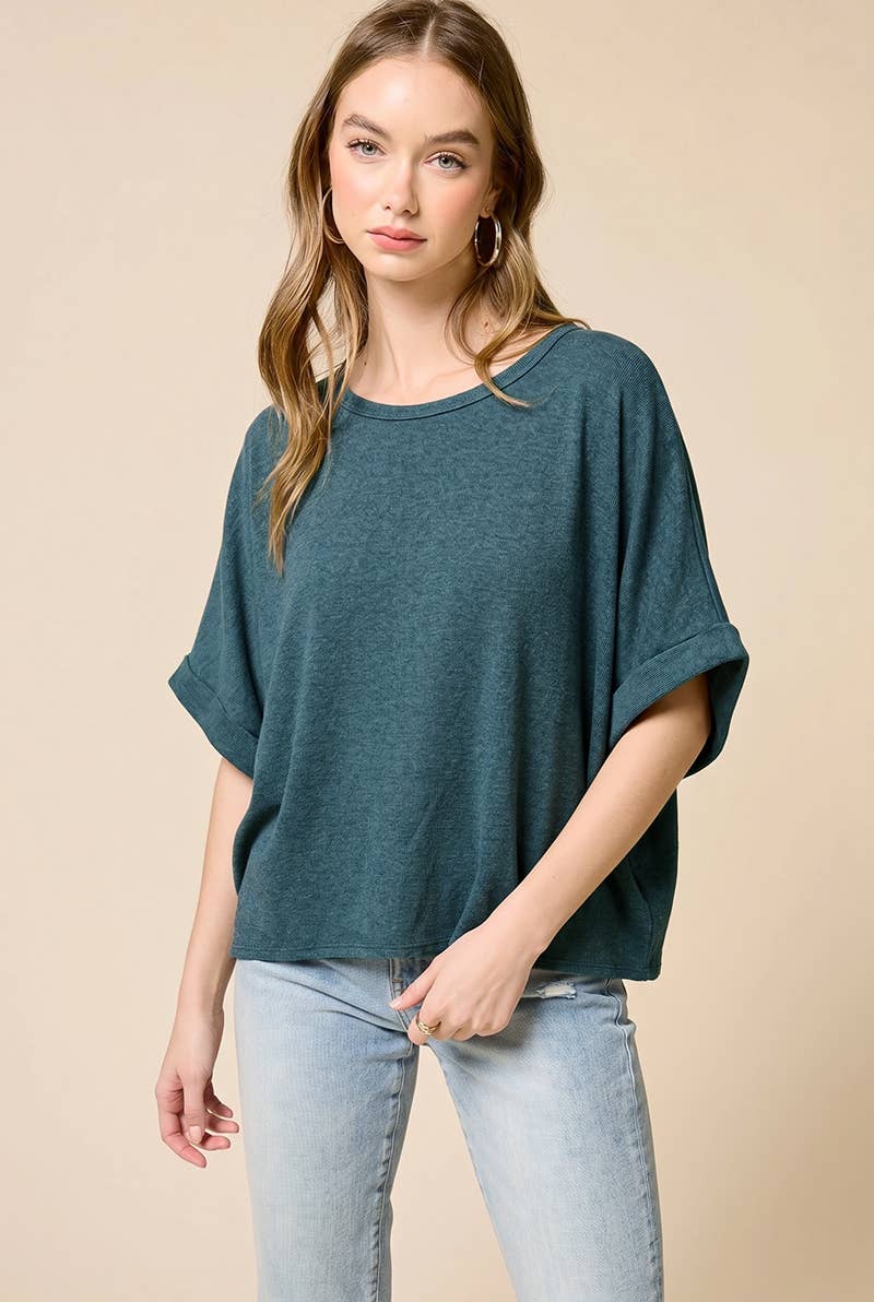 Charlotte Avery Teal Ribbed Oversized Dolman Cuff Sleeve Top