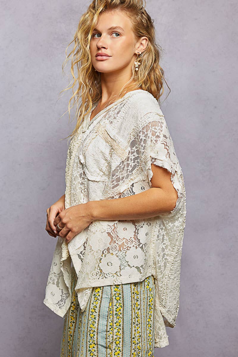 POL Patchwork Lace Oversized V-Neck Raw Edge Top in Natural