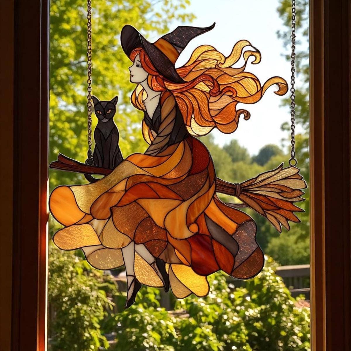 Autumn Witch Acrylic Window Hanging, Cat And Broom Decor: 10x10"
