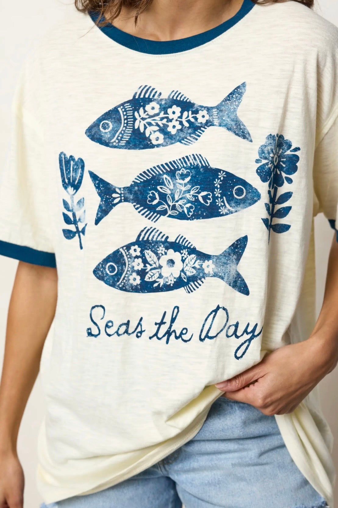 Natural Life Ringer Oversized Tee Shirt- Seas the Day Fish