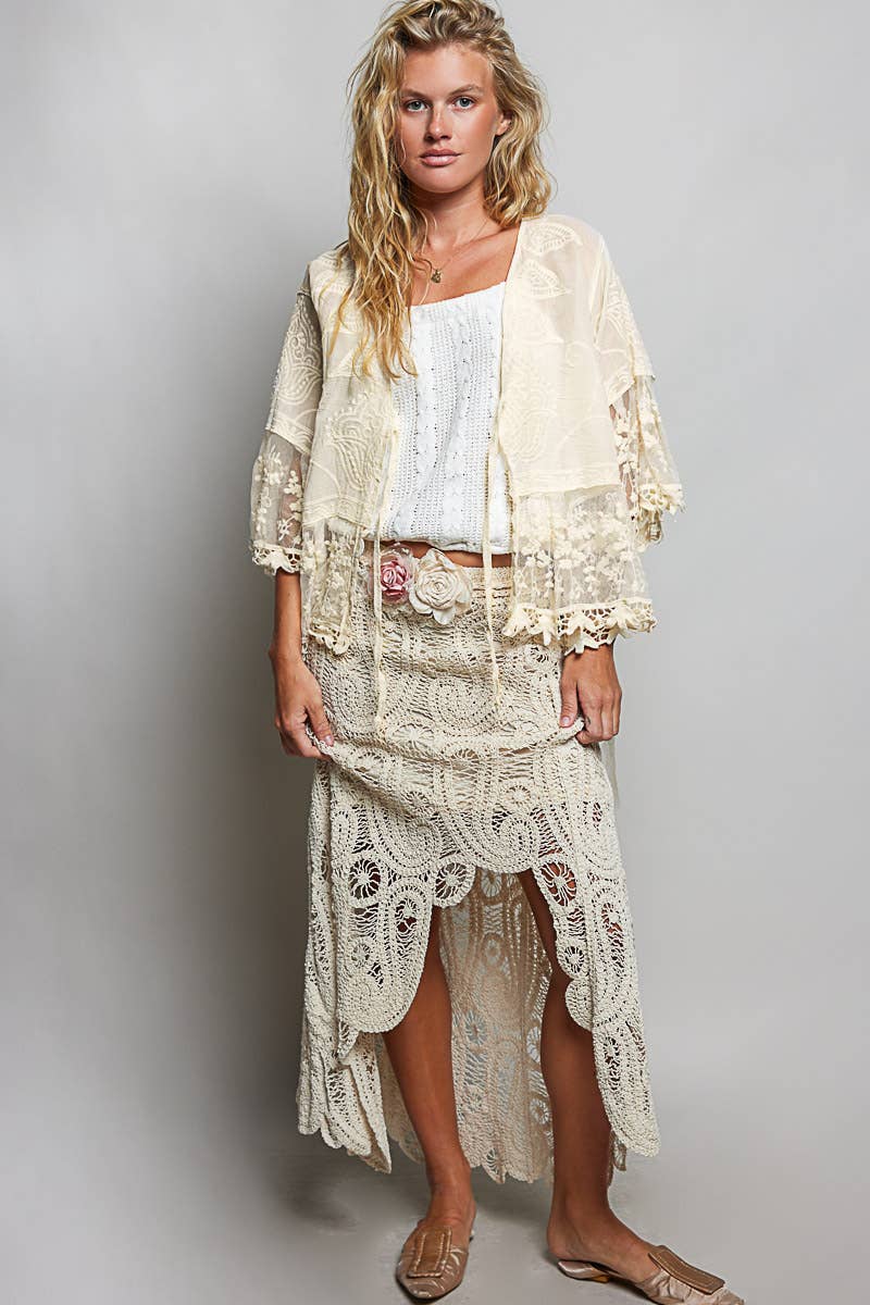 POL 1/2 Sleeve Lace Ruffle Trim Crochet Cardigan in Natural