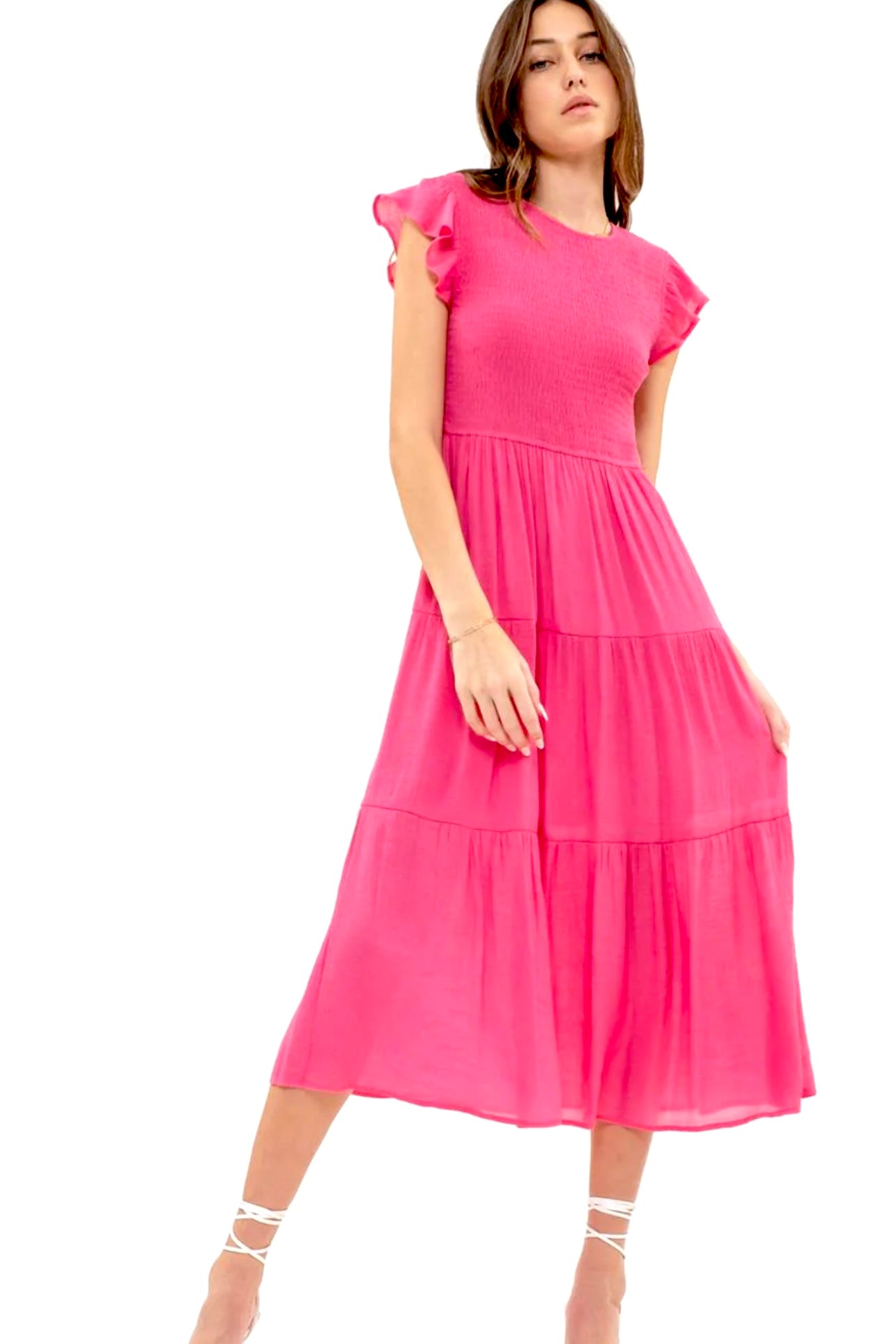 Hot Pink Flutter Sleeve Smocked Tiered Midi Dress