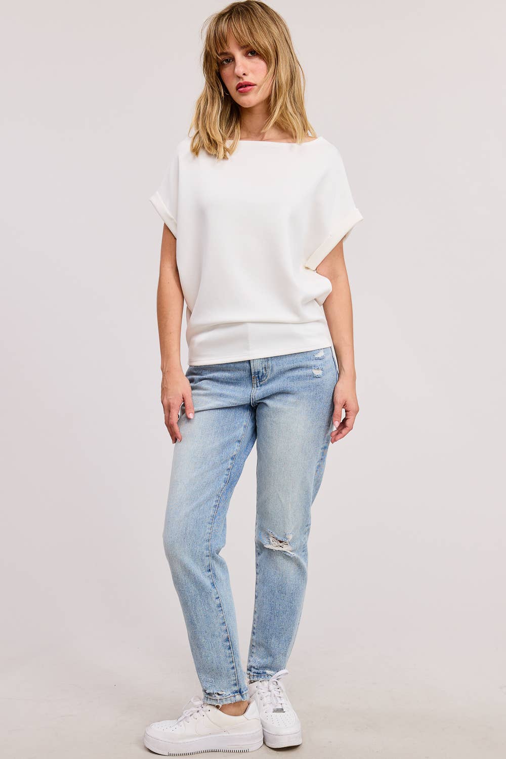 Charlotte Avery Off White Cuff Sleeve Dolman Scuba Top
