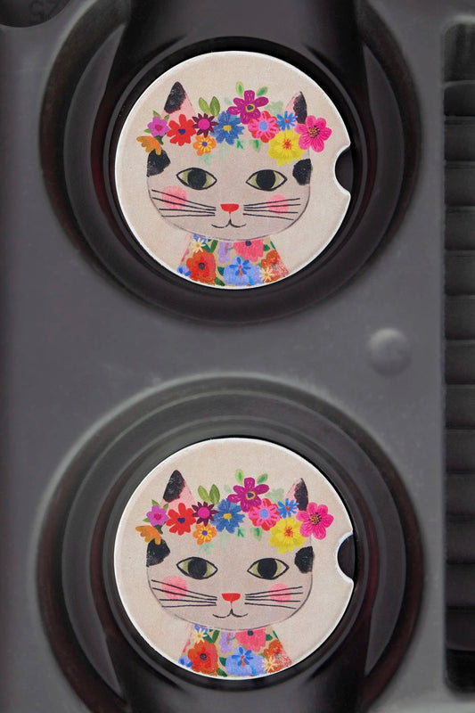 Natural Life Car Coasters- Floral Cat Set of 2