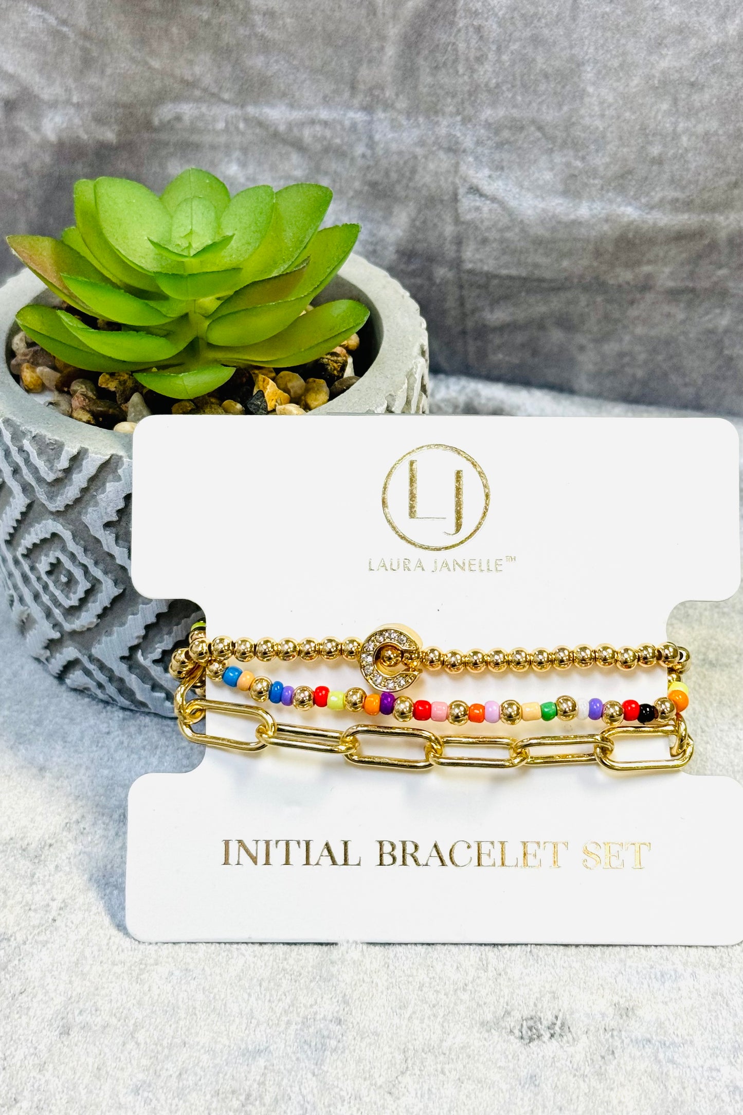 Laura Janelle Initial Bracelet Set in Gold  (Choose your initial.)